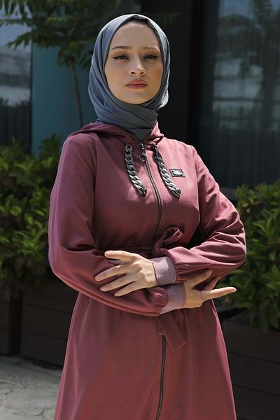 Modamihram Chain Detailed Zippered Abaya Dusty Rose