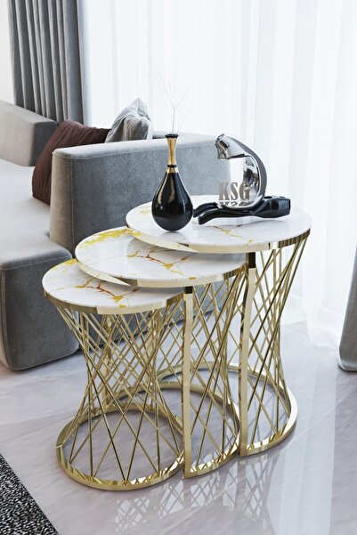 Hane Craft Exclusive Collection Oval Gold Mermer Gold Sarmaşık Ayak 3'lü Sehpa