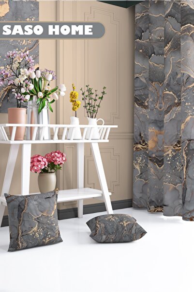 SasoHome Grey-yellow Marble Patterned 140 X 270 Cm Digital Printed Background Curtain (Single Wing)