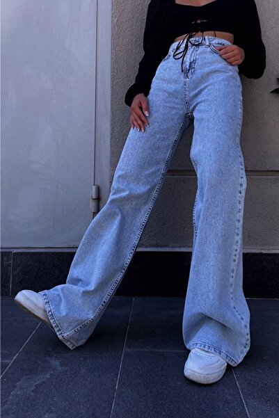 LİMABEL Blugi Palazzo albastri cu talie extra inalta Blugi Lycra spalati cu acid