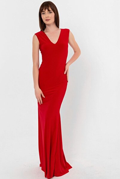 Laranor Kırmızı V Yaka Balık Elbise Abiye Mezuniyet Elbisesi