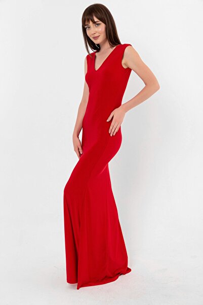 Laranor Kırmızı V Yaka Balık Elbise Abiye Mezuniyet Elbisesi
