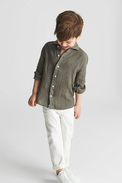 alenmeza Boy's Khaki 100% Linen Modern Fit No Pocket Shirt