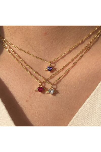 Claritas Takı Kadın Altın Kaplama Kırmızı Zirkon Taşlı Kanatlı Kalp Kolye
