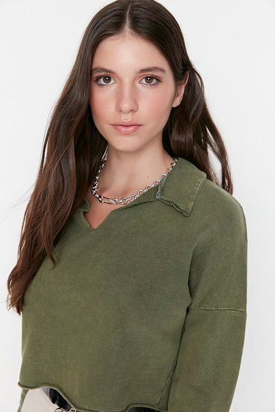 Trendyol Collection Khaki Crop Washed Tenká pletená mikina TWOAW23SW00156