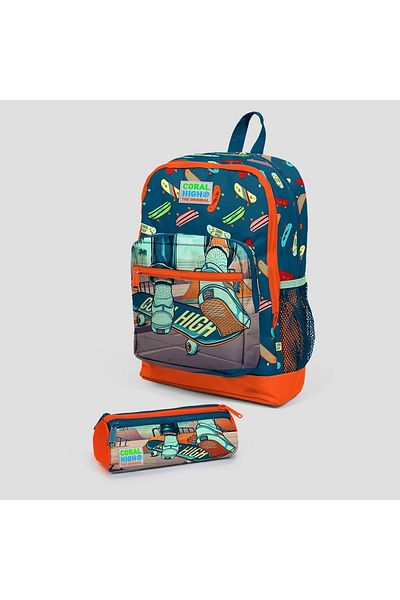 Coral High Rucsac de școală cu patru compartimente și stilou cu trei compartimente pentru copii Indigo neon portocaliu