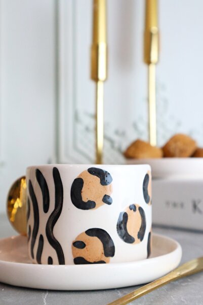 ada mia seramik Leopar Desenli Özel Tasarım 24k Altın Dekorlu El Yapımı Seramik Mug 170ml