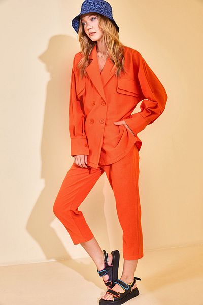 XHAN Orangefarbener zweireihiger Leinenanzug für Damen mit Kragen 2YZK8-12872-11
