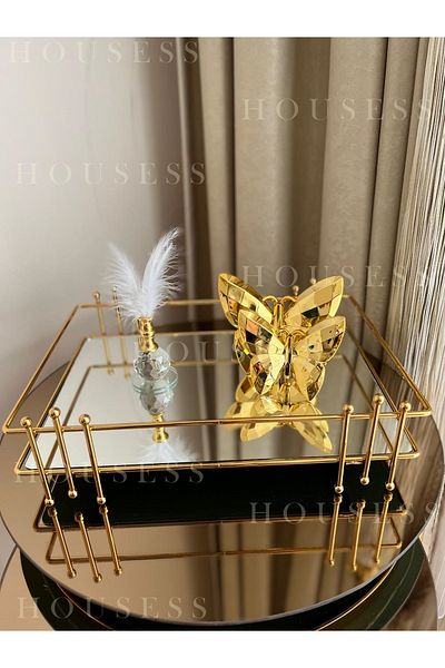 Housess Rectangular Gold Tray with Marbles, Set of 2 Gold Butterflies and Gold Feathers Decorative Ornament