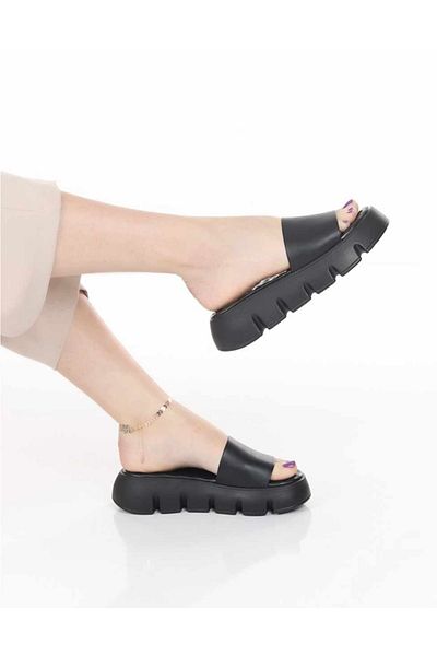 Afilli Papuci sport casual pentru femei, negru, cu o singură bandă, cu platformă groasă, cu talpă deschisă în față, pantofi de vară