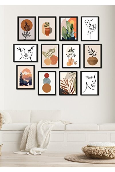 NT Handmade 12li Siyah Çerçeve Görünümlü Bohem Yüzler Duvar Dekoru Salon Oturma Yatak Odası Için Tablo Seti