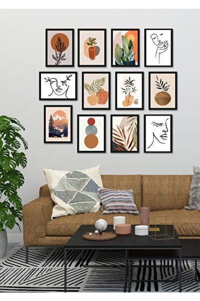 NT Handmade 12li Siyah Çerçeve Görünümlü Bohem Yüzler Duvar Dekoru Salon Oturma Yatak Odası Için Tablo Seti