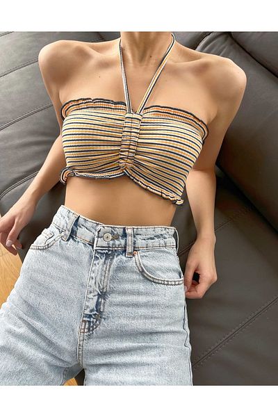 Jose Clothing Crop top pentru damă fără bretele cu dungi galbene - Detaliu cravată adunată în față