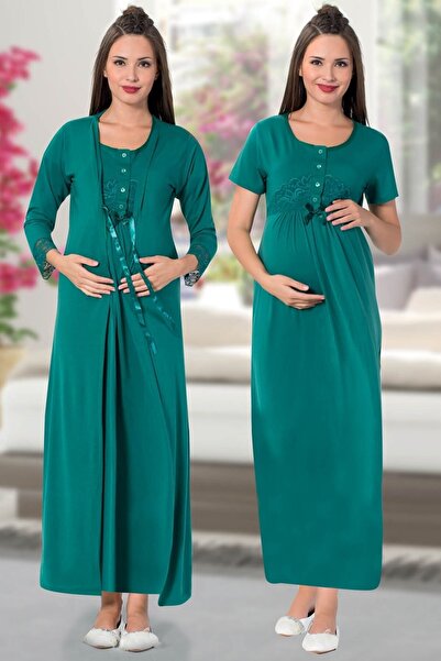 quilling Koyu Yeşil Renk Lohusa Gecelik Takım Jenika 26259 Sabahlıklı 2 Li Ha...