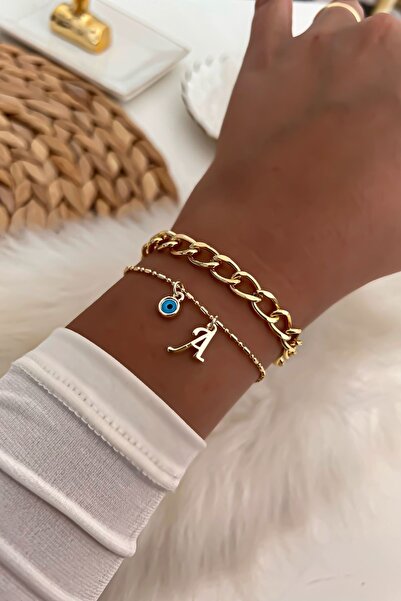 Trendy Butik سوار سلسلة مزدوجة بحروف 5