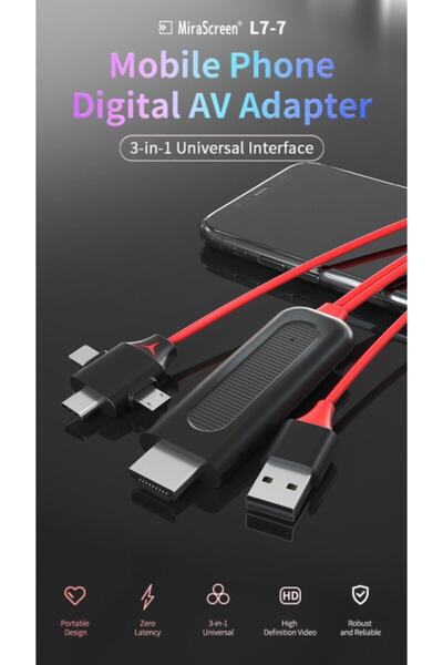 Daytona K-03c كومبو 3in1 لايتنينج مايكرو USB Type-c إلى HDMI Ios Android كابل نقل الصور 1.5 متر