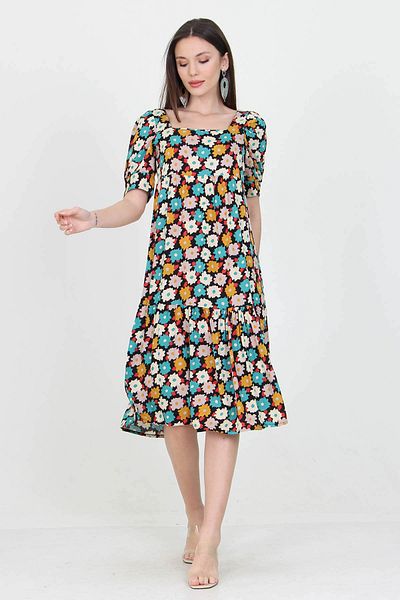 Neşeli Butik Fusta de damă turcoaz cu guler pătrat Rochie din viscoză cu volane cu imprimeu floral Nb10026