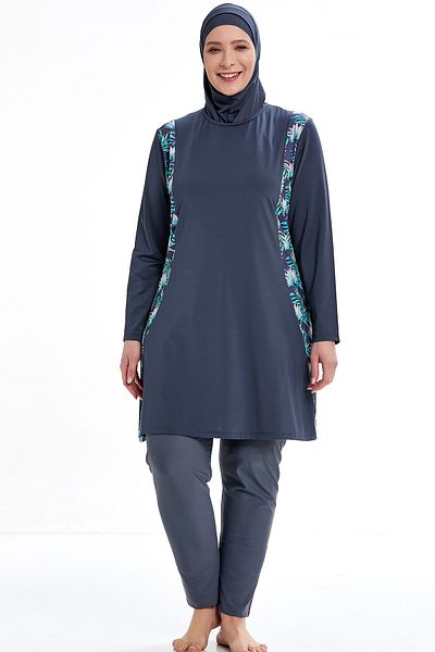 MEBA Lycra Battalini Plus Size floral μοτίβο μακρυμάνικο πλήρως καλυμμένο μαγιό ανθρακί Hijab