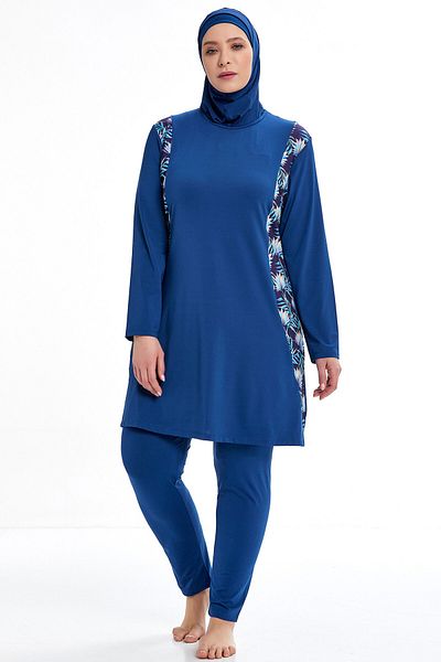 MEBA Lycra Battalini Plus Size floral μοτίβο μακρυμάνικο πλήρες καλυμμένο ανοιχτό μπλε ναυτικό μαγιό Hijab