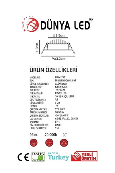 DÜNYA LED Hs.442/1-st 1w Mini Led Downlıght Saten Kasa 6500k Beyaz Işık Drıver