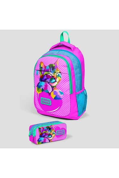 Coral High Kids Pink Blue Glittery Cat Patterned Three-Compartment School Backpack and Two-Compartment Pen Bag