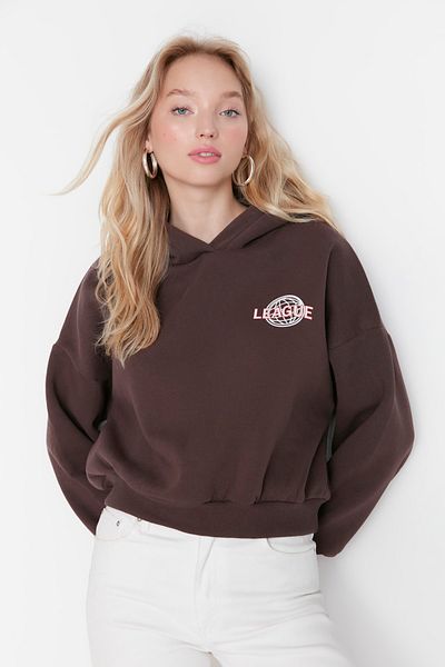 Trendyol Collection Καφέ πίσω τύπωμα Λεπτομερής κουκούλα από χοντρό φλις εσωτερικά πλεκτό φούτερ TWOAW22SW0711