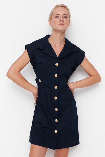 Trendyol Collection Sötétkék gombos részletek Gabardine mini szőtt ingruha TWOSS22EL2970
