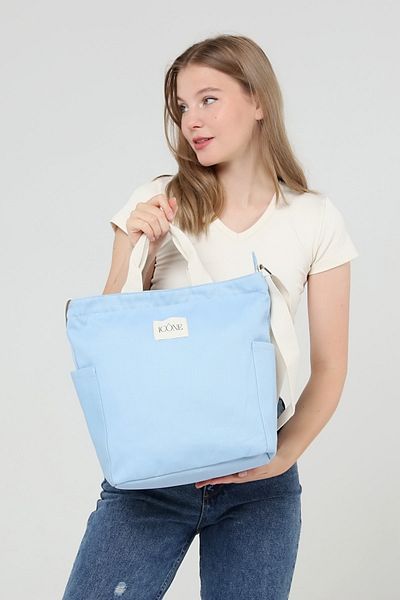 ICONE BAG Geantă de damă de culoare albastră, geantă tote din pânză cu buzunare laterale, curea de coloană reglabilă și fermoar
