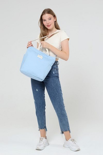 ICONE BAG Geantă de damă de culoare albastră, geantă tote din pânză cu buzunare laterale, curea de coloană reglabilă și fermoar