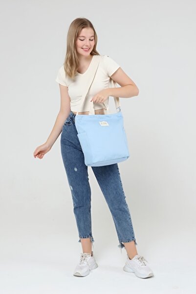 ICONE BAG Geantă de damă de culoare albastră, geantă tote din pânză cu buzunare laterale, curea de coloană reglabilă și fermoar