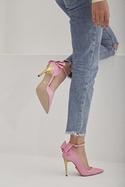AYAKKABI PRENSİ Damia Bilekten Bantlı Papyon Detaylı Pembe Mat 10 Cm Kadın Stiletto, Topuklu Ayakkabı