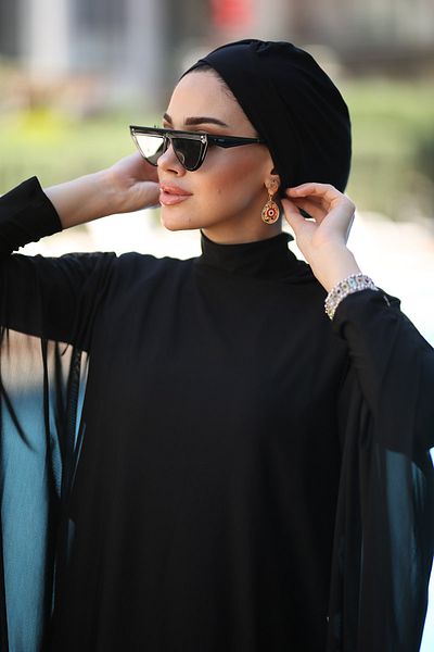 Remsa Mayo Patterned Single Kaftan Pareo on Hijab Swimsuit Rp001 Black