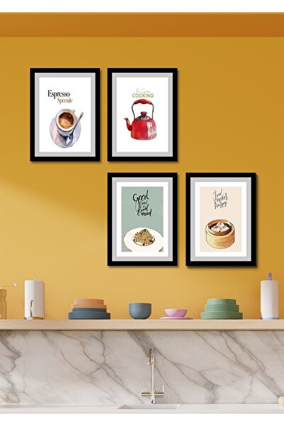 NT Handmade 4 Parça Ahşap Duvar Dekoru - Espresso Mutfak Konsepti Kahve Köşes...