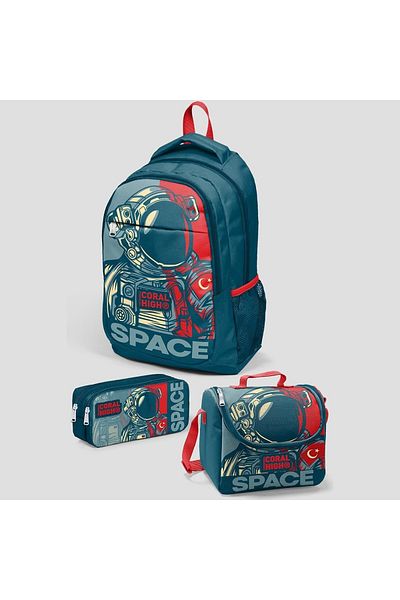 Coral High Kids Indigo Red Astronaut Patterned Three Compartment School Backpack, Thermo Lunchbag