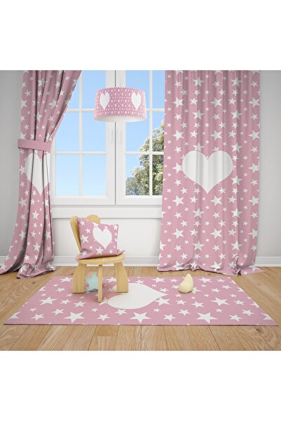 MODA Bambaşka Bebek Ve Çocuk Odası Yıldızlı Ve Kalpli Iki Kanat Fon Perde Bmf...