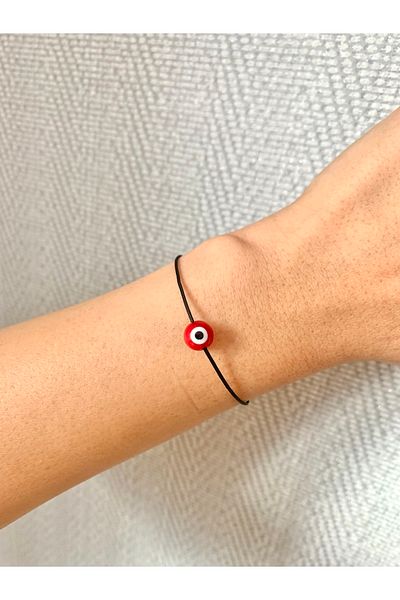 Atelier Çağla Black String Bracelet with Red Evil Eye Beads