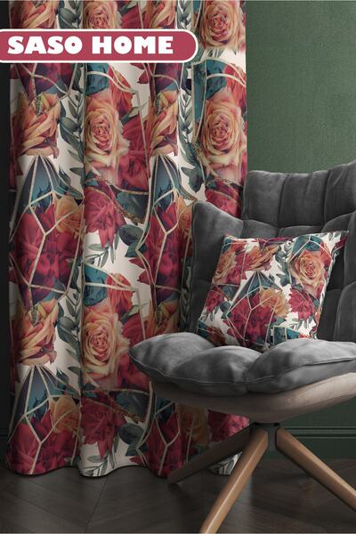 SasoHome Summer Roses - Summer Roses Patterned 140 X 270 Cm Digital Printed Background Curtain (Single Wing)