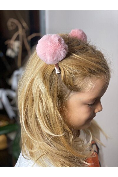 QUEEN AKSESUAR Peluş Tüylü Pudra Pembe Büyük Ponpon 2 Li Toka Seti Metal Pens