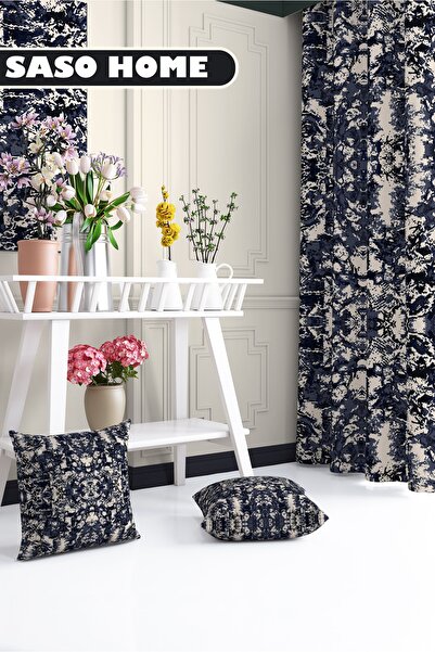 SasoHome Navy Blue Cream Ethnic Ottoman Tile Patterned 140 X 270 Cm Digital Printed Background Curtain (Single Wing)