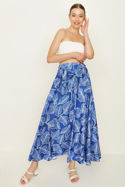 Select Moda Жіноча довга спідниця з поясом і воланами, синього кольору з синім візерунком
