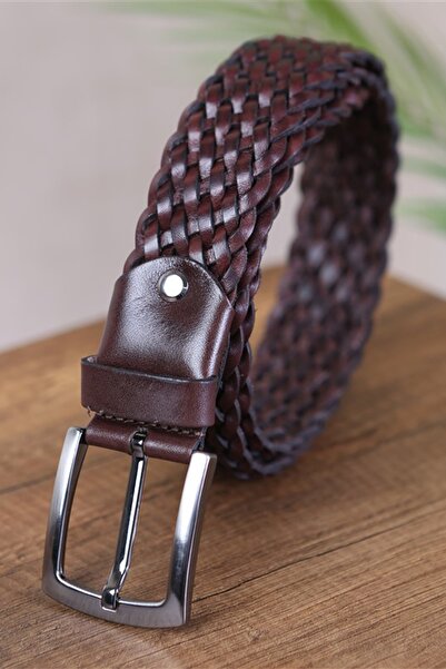 KASVA DERİ 4 Cm El Örgüsü Kahve Deri Kemer