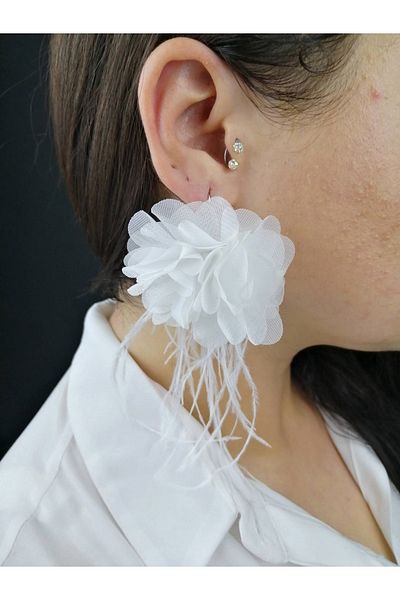 Bontex White Floral Feather Earring Set – Bijoux Earrings – Bijoux Earrings