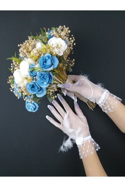 Bontex Set de flori de mireasă cu trandafiri albi și albaștri și mănuși cu pe...