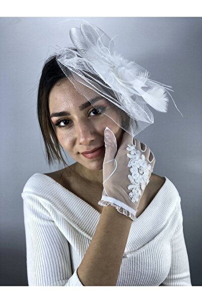 Bontex Λευκό βουάλ και λευκά γάντια με κεντημένες χάντρες – Σετ γάμου – Αξεσο...