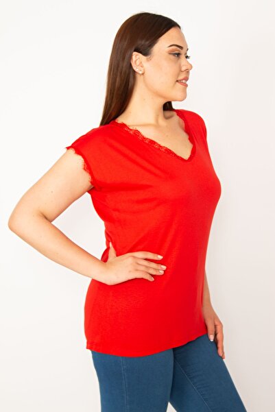 Şans Kadın Büyük Beden Kırmızı Dantel Detaylı Bluz 65n33426