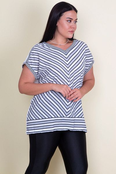 Şans Women's Large Size Bone Rib Detailed Stripe Combination Low Sleeve Blouse 65n33422