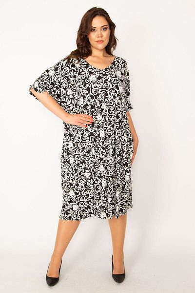 Şans Women's Large Size Black V-Neck Waist And Sleeve Elastic Elastic Pocket Casual Cut Dress 65n33461