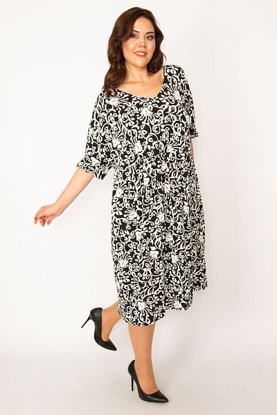 Şans Women's Large Size Black V-Neck Waist And Sleeve Elastic Elastic Pocket Casual Cut Dress 65n33461