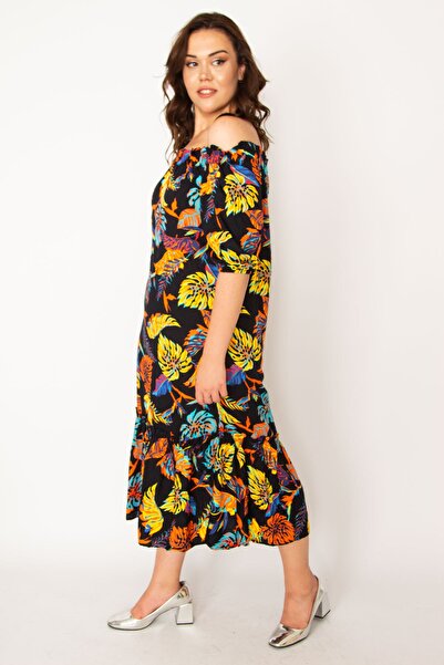 Şans Women's Large Size Colorful Karmen Collar Hemline Layered Woven Viscose Fabric Long Dress 65n33430