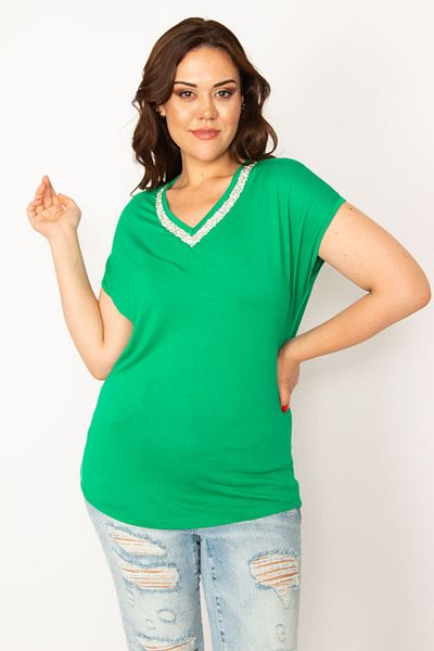 Şans Women's Large Size Green Collar Viscose Blouse 65n33546